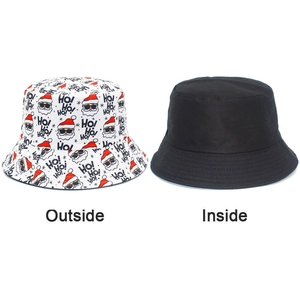 Detail view of the reversible Christmas bucket hat showing Santa print and black interior side