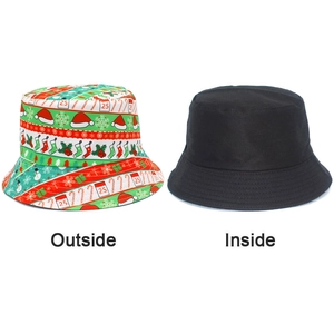 Detailed comparison showing reversible Christmas print and solid black side of the bucket hat