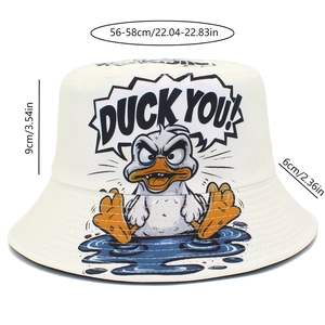 Detail showing dimensions of the beige cotton bucket hat with funny angry duck print