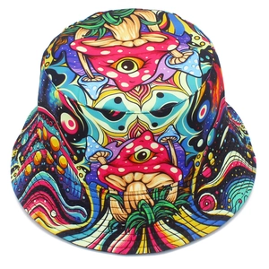 Cappello a secchiello alla moda con stampa a funghi psichedelici e motivi di occhi surreali