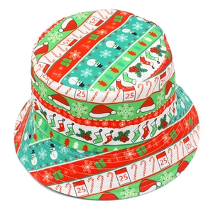 Christmas bucket hat featuring festive Santa and snowman cartoon digital prints on fabric