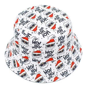 White bucket hat with Santa Claus, snowflakes and HO! HO! HO! holiday print patterns
