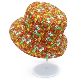 Christmas themed bucket hat featuring festive reindeer and snowman prints on red canvas