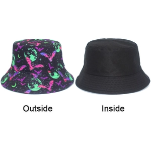 Detail showing the reversible bucket hat with bat prints and a solid black inner lining