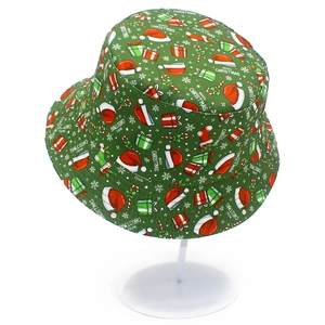 Dark green festive Christmas bucket hat with Merry Christmas print and holiday patterns