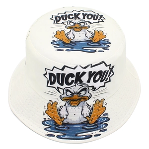 Close-up of white canvas bucket hat featuring a funny angry duck print and DUCK YOU text
