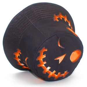Double-sided sun hat with orange Halloween pumpkin prints on black cotton canvas