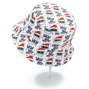 White bucket hat with Santa Claus, snowflakes, and HO! HO! HO! festive prints