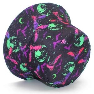 Black bucket hat with fluorescent green moons and purple bats for Halloween style