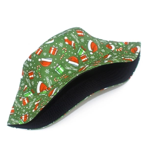 Unisex Christmas bucket hat with festive green print and black inner lining for outdoors