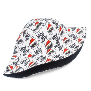 White Christmas bucket hat with Santa Claus print and Ho Ho Ho text for holiday parties