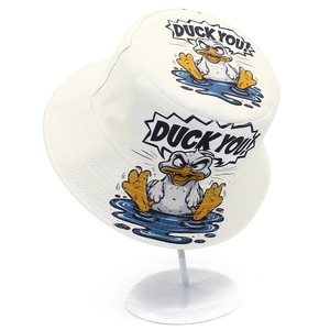 Close-up of white cotton bucket hat with funny cartoon duck and Duck You text