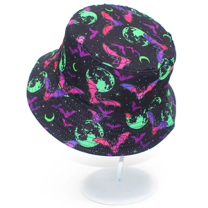 Unisex black bucket hat with neon bat and moon print for Halloween fashion style
