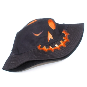Black cotton bucket hat with Halloween jack-o'-lantern face print for sun protection
