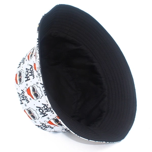 Detail of festive bucket hat showing Santa print and black reversible inner lining