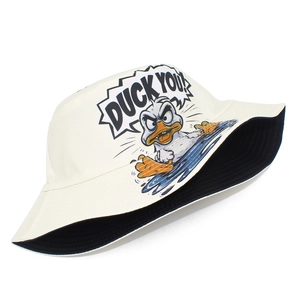 Detail of white cotton sun hat featuring an angry duck print and contrasting black lining