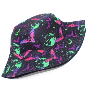 Unisex black bucket hat with vibrant neon bat and full moon prints for Halloween