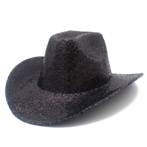 Cappello da cowboy con paillettes nere brillanti e tesa larga per feste e spettacoli