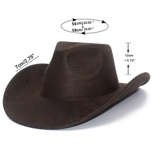 Dettaglio cappello cowboy in finta pelle marrone con trama serpente e dimensioni