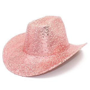 Cappello da cowboy rosa con paillettes e tesa larga per feste e spettacoli teatrali
