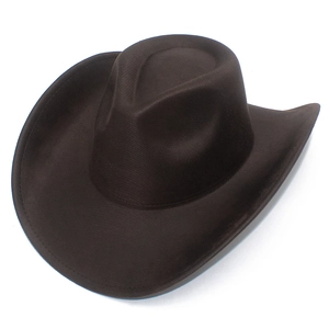 Vue de dessus du chapeau de cowboy en similicuir marron foncé avec bords roulés