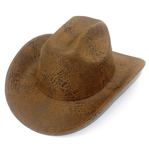 Vista dettagliata del cappello da cowboy marrone con trama a serpente e tesa larga