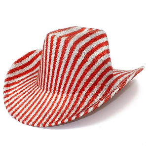 Cappello da cowboy con paillettes natalizie a righe rosse e bianche e motivi a fiocchi