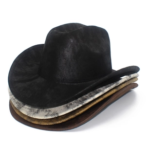 Stack of vintage western PU leather cowboy hats in black, grey, tan, and brown colors