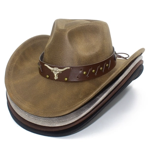 Fashionable PU leather cowboy hats with metal bull emblem and leather band set of four colors