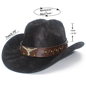 Detail of black felt fedora hat with brown leather band and silver bull head emblem
