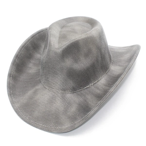 Détail macro du chapeau de cowboy gris argenté avec texture en maille fine et bord incurvé
