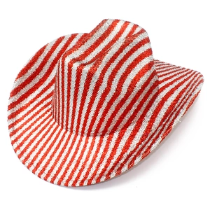 Detail of red and white striped cowboy hat with sparkling sequins and festive glitters
