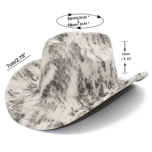 Detail showing dimensions of marble pattern faux leather cowboy hat with 7cm brim