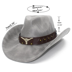Detailed dimensions of grey woven PU leather cowboy hat with bull head metal badge