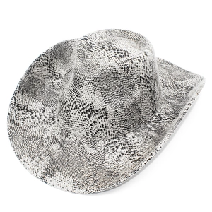 Vista dettagliata di un cappello fedora con audace stampa pitonata in bianco e nero