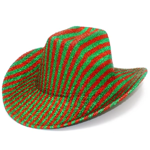 Cappello da cowboy glitterato a strisce rosse e verdi per feste natalizie vivaci