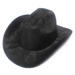 Detailed close-up showing the soft velvet texture and curved brim of the black cowboy hat