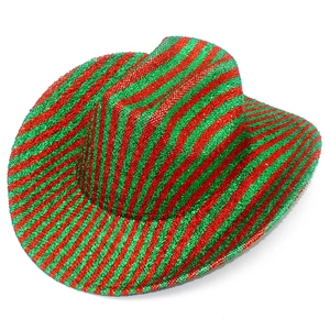 Macro shot of red and green striped cowboy hat with festive snowflake glitter texture