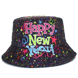 Happy New Year Bucket Hat Cotton Reversible Sun Protection Fisherman Hat Multicolor Print Festival Party Hat For Adult