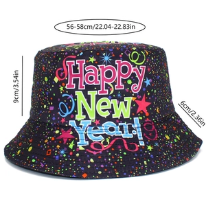 Detailed dimensions of Happy New Year bucket hat with festive confetti and star print