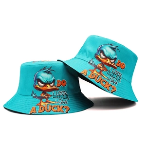Funny Cartoon Angry Duck Bucket Hat Cotton Canvas Sun Hat Casual Streetwear Fisherman Hat For Men Women Outdoor Travel Accessory