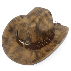 Close-up of brown western cowboy hat with bull head emblem and studded leather band
