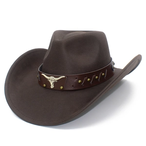 Classic dark brown PU leather cowboy hat with bull head logo and vintage stud band