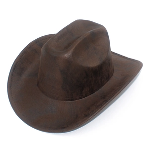 Detailed view of the textured brown PU leather cowboy hat with stitched wide brim edge