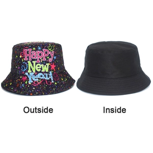 Double-sided Happy New Year bucket hat with colorful graffiti print and black inner side