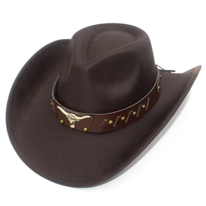 Close-up of brown PU leather cowboy hat featuring golden bull head metal ornament and studs