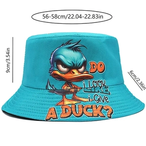 Detailed dimension guide for bright blue bucket hat featuring funny angry duck print