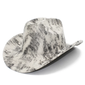 Classic western cowboy hat with black and white tie-dye pattern on white background