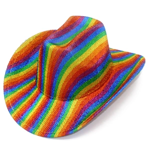 Detailed view of rainbow vertical stripes and material texture on the cowboy hat brim