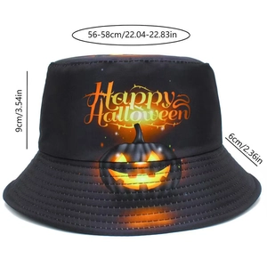 Detail view of black Halloween bucket hat with pumpkin graphic and dimension markings